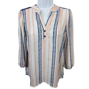 CURE Striped V-Neck Semi Sheer Tunic Top Women's Small Coral Blue White S / A37